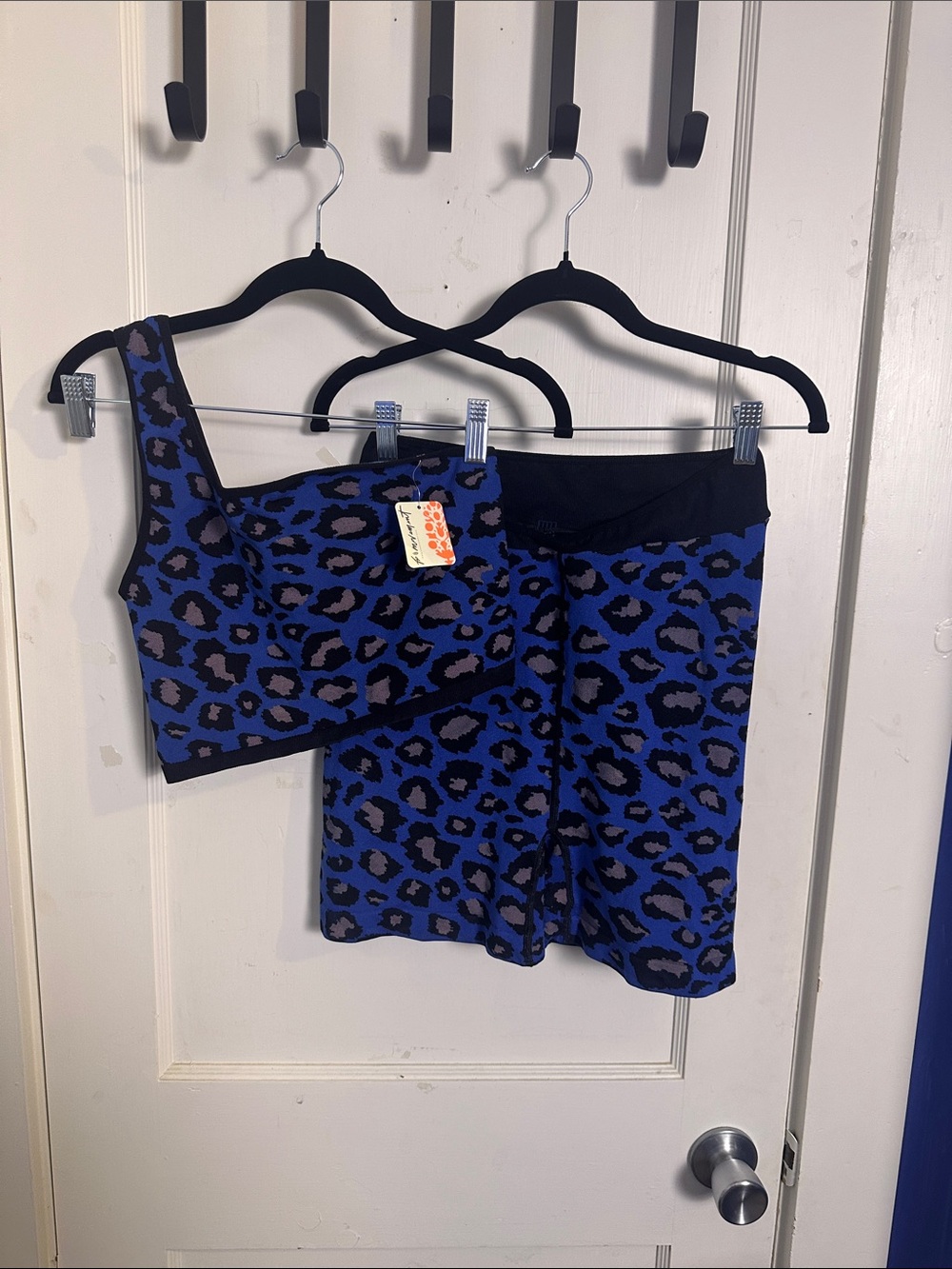 Free People FP Movement SET Blue Black Leopard Print Top & Biker Shorts M/L